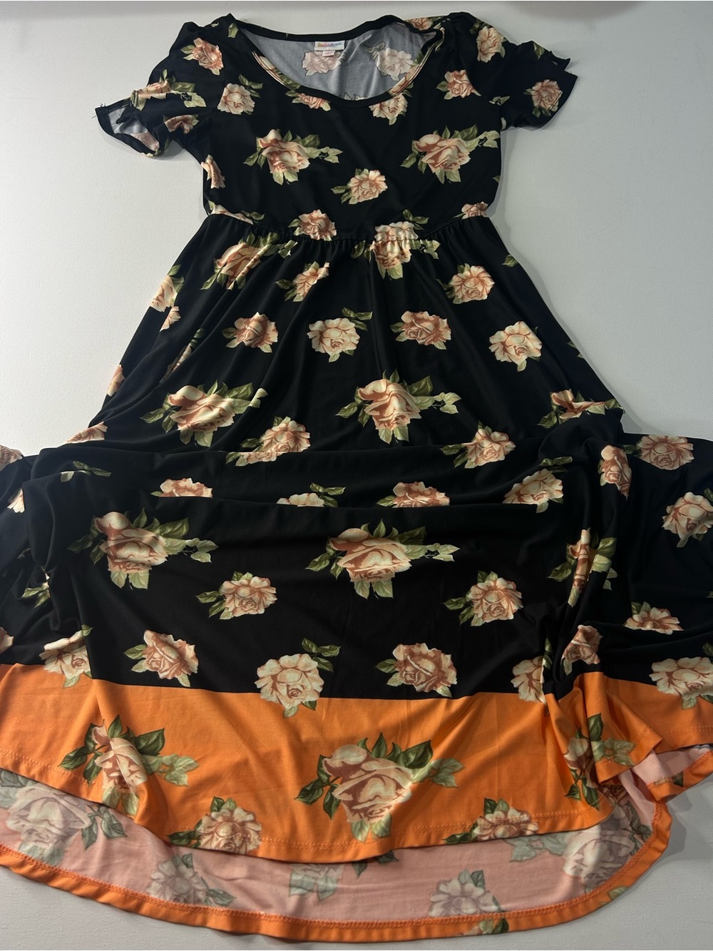 LuLaRoe Small Black Maxi Dress with Peach Floral and Orange Hem